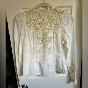 Anthropologie Victorian high neck lace blouse ivory buttons vintage cotton lawn